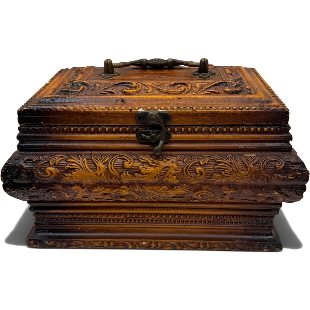Vintage Carved Wood Jewelry Box Keepsake Chest Lined Latch Top Decor Boho